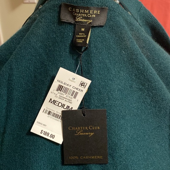 New With Tags ~ 100% Cashmere Cardigan ~ Charter Club ~ Teal ~ Size Medium - Picture 4 of 4